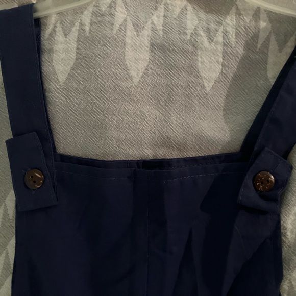 Navy blue linen blend cropped overalls - Picture 3 of 5